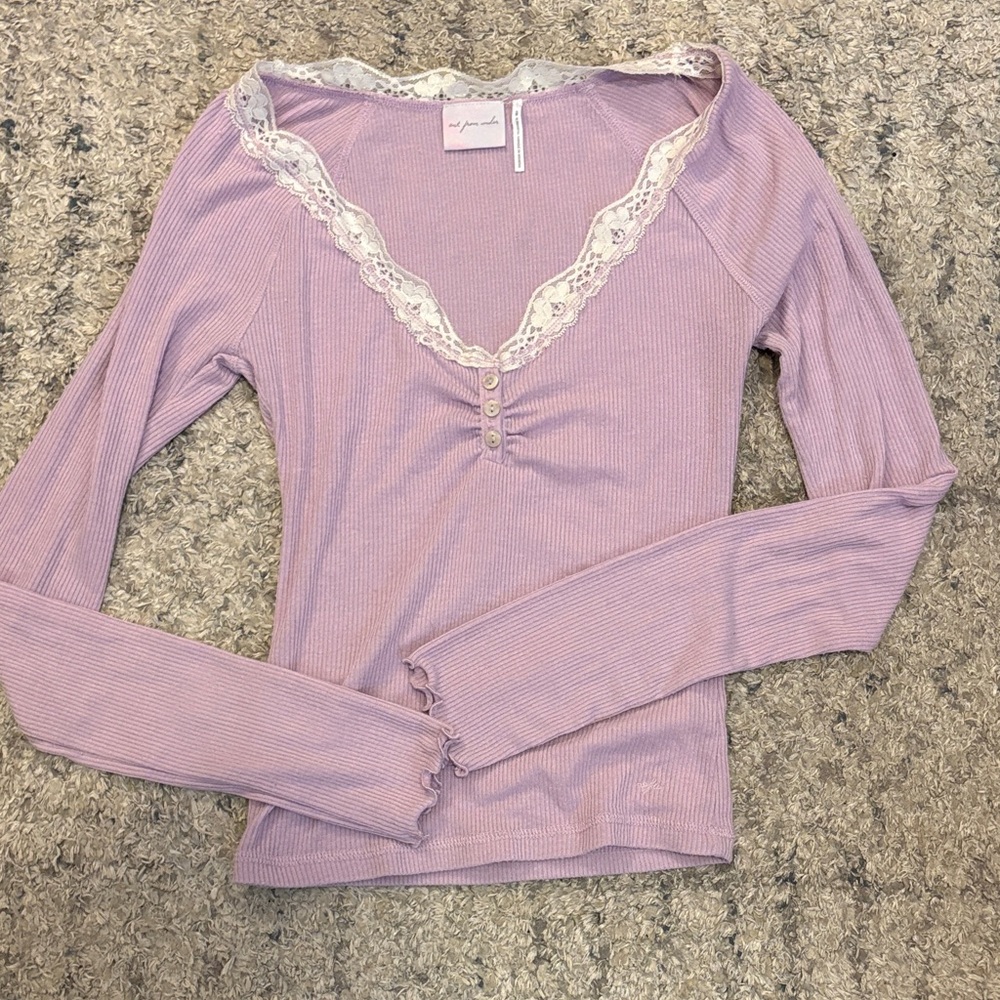 Purple Long Sleeve Top with Lace Trim